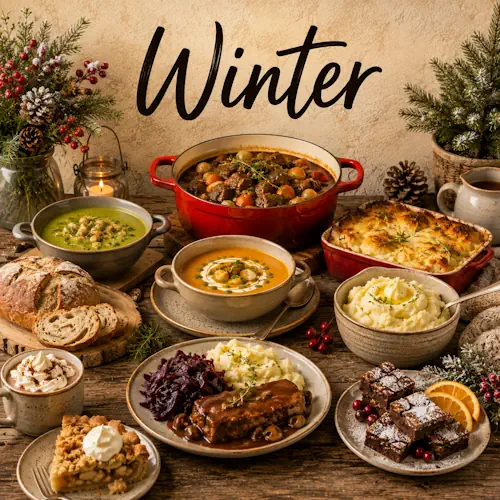 Winterse gerechten met stoofpot, ovenschotel, soep, aardappelpuree, brood en warme desserts op een rustieke houten tafel