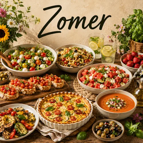 Zomerse gerechten met frisse salades, gegrilde groenten, pasta, watermeloen, aardbeien, bruschetta en koude soep op een rustieke houten tafel