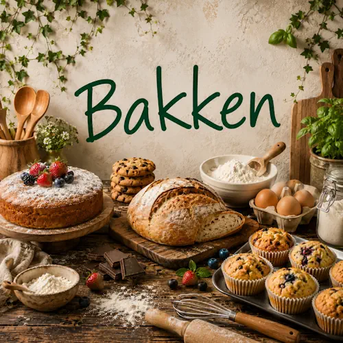 Bakken met vers brood, cake, koekjes en bakbenodigdheden op een oude robuuste houten tafel