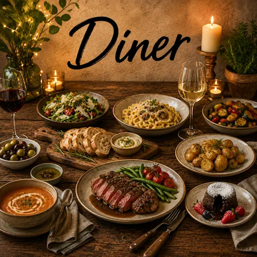 Sfeervolle dinertafel met vlees, pasta, groenten, aardappelen, soep, salade, brood en dessert op een oude robuuste houten tafel