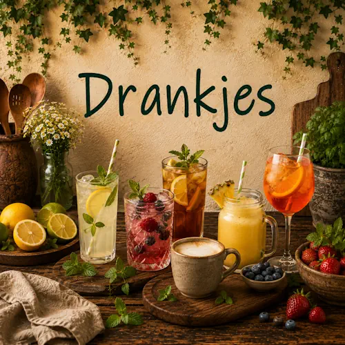 Drankjes met limonade, ijsthee, smoothie, koffie en fruit op een robuuste houten tafel