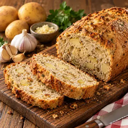 Aardappel-knoflookbrood uit de broodbakmachine met geraspte aardappel en Provençaalse kruiden