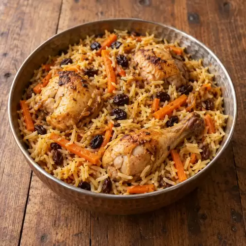 Afghaanse Kabeli Pilaf met kip, langkorrelrijst, wortel, rozijnen en komijn