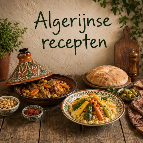 Algerijnse gerechten met couscous, tajine, groenten, kikkererwten, olijven en traditioneel brood op een rustieke houten tafel