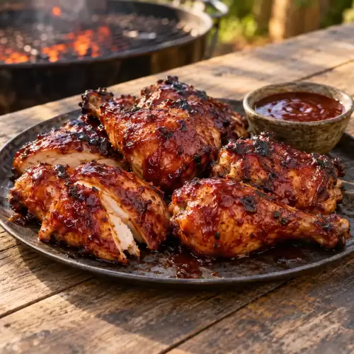 Amerikaanse barbecuekip met kruidige barbecuesaus, rode wijn en appelgelei