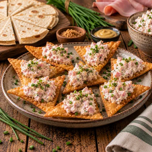 Krokant gefrituurde tortillapuntjes met een romige spread van ham, roomkaas, dijonmosterd en verse knoflookbieslook, geserveerd als hartig fingerfood.