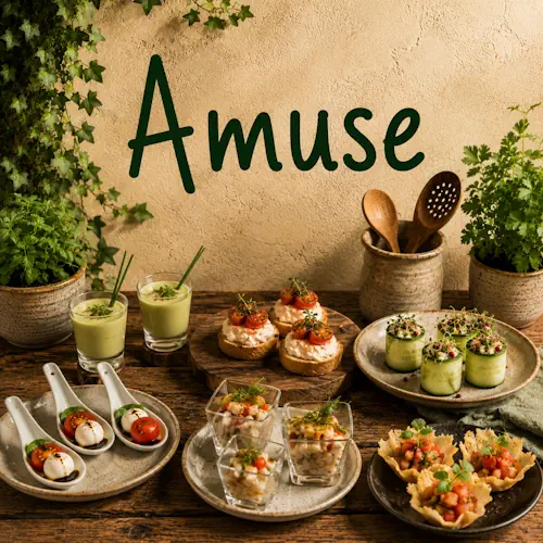 Feestelijke amuses met kleine soepjes, crostini, komkommerrolletjes, hapjes op lepels en kleine glaasjes op een rustieke houten tafel