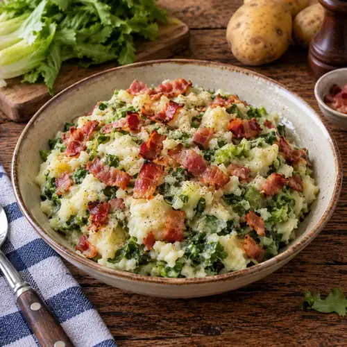Andijviestamppot van aardappelpuree met rauwe andijvie en krokant gebakken bacon