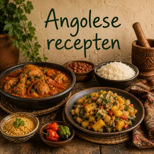 Angolese gerechten met kipstoofpot, rijst, bonen, groenten en traditionele bijgerechten op een rustieke houten tafel