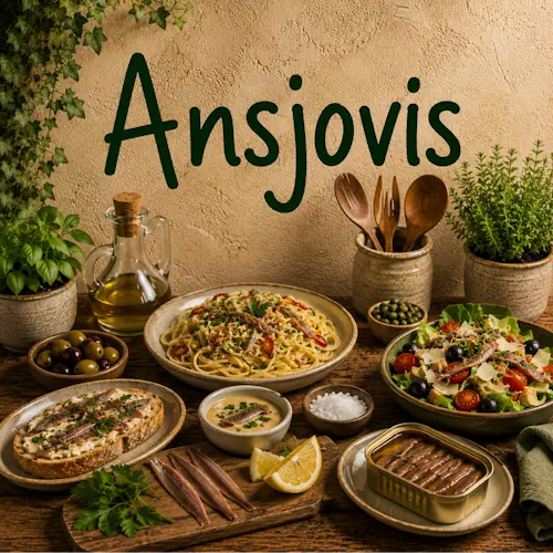 Gerechten met ansjovis zoals pasta, salade en toast met olijven, kappertjes, citroen en verse kruiden op een rustieke houten tafel