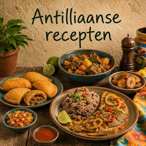 Antilliaanse gerechten met pastechi, stoofvlees, vis, rijst met bonen, gebakken bakbanaan en kleurrijke groenten op een rustieke houten tafel
