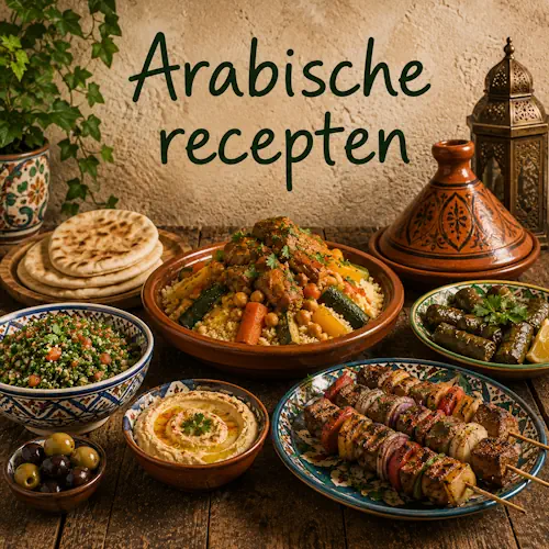 Arabische gerechten met hummus, tabouleh, gevulde wijnbladeren, gegrilde vleesspiesjes, couscous, kikkererwten en platbrood op een rustieke houten tafel