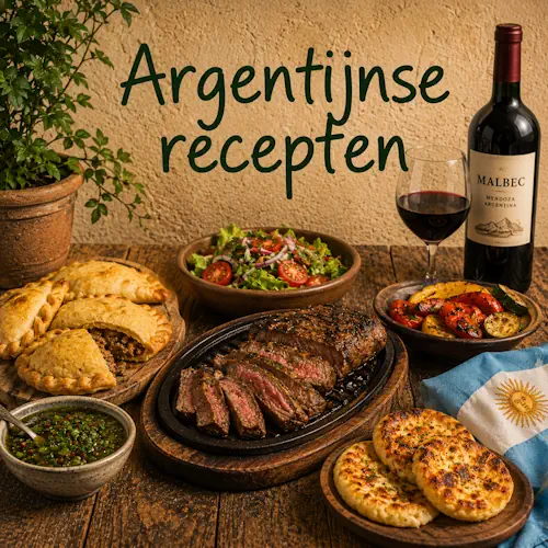 Argentijnse gerechten met gegrilde steak, empanadas, chimichurri, salade en gegrilde groenten op een rustieke houten tafel