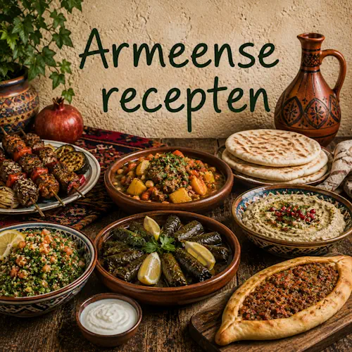 Armeense gerechten met dolma, gegrilde vleesspiesjes, stoofgerecht, platbrood, gevulde deeggerechten, groenten en verse kruiden op een rustieke houten tafel