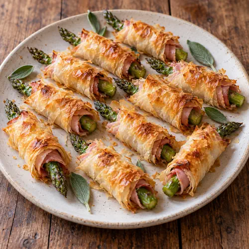 Knapperige asperge-hamrolletjes in goudbruin fillodeeg met salie.
