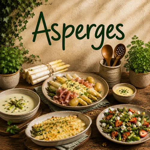 Gerechten met witte en groene asperges zoals asperges met ham en aardappelen, aspergesoep, ovenschotel en aspergesalade op een rustieke houten tafel