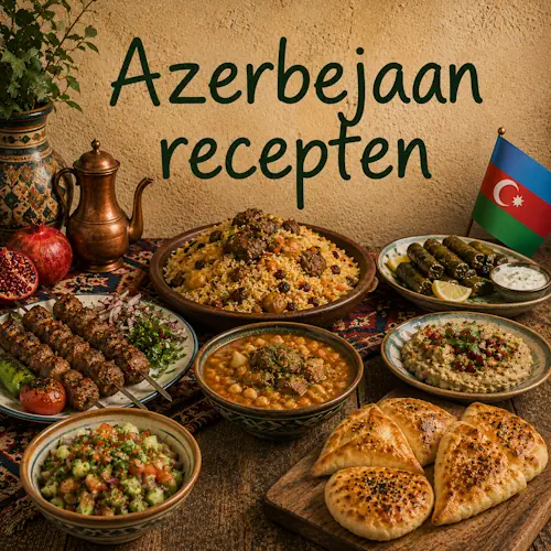 Azerbeidzjaanse gerechten met plov, dolma, kebab, stoofgerecht, verse salade, granaatappel en traditioneel brood op een rustieke houten tafel