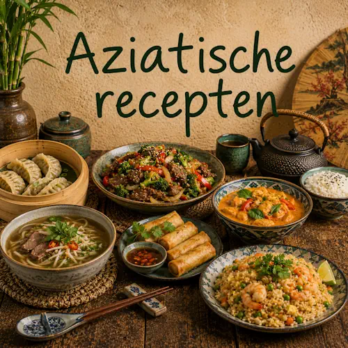 Aziatische gerechten met dumplings, noedelsoep, curry, roerbakgroenten, loempia's en gebakken rijst op een rustieke houten tafel