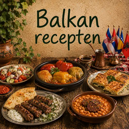 Balkangerechten met gevulde paprika, sarma, ćevapi, börek, bonen, salade en ajvar op een rustieke houten tafel