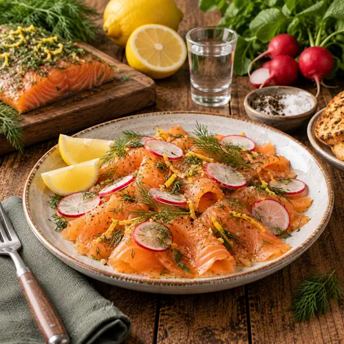 Dun gesneden Baltische gravlax van zalm gemarineerd met wodka, citroen en dille en geserveerd met radijs