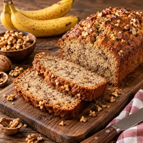 Bananen-notenbrood uit de broodbakmachine met rijpe banaan en grofgehakte gemengde noten
