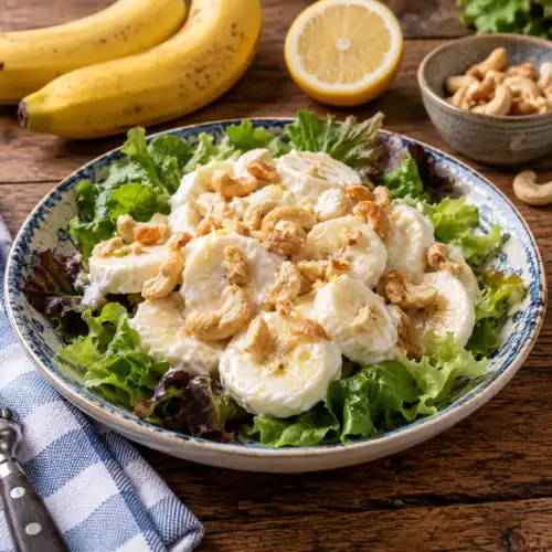 Bananensalade met zure room, cashewnoten en frisse slabladeren