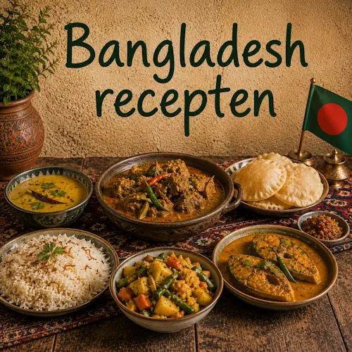Gerechten uit Bangladesh met rijst, dal, viscurry, vleescurry, gekruide groenten, brood en pittige smaakmakers op een rustieke houten tafel