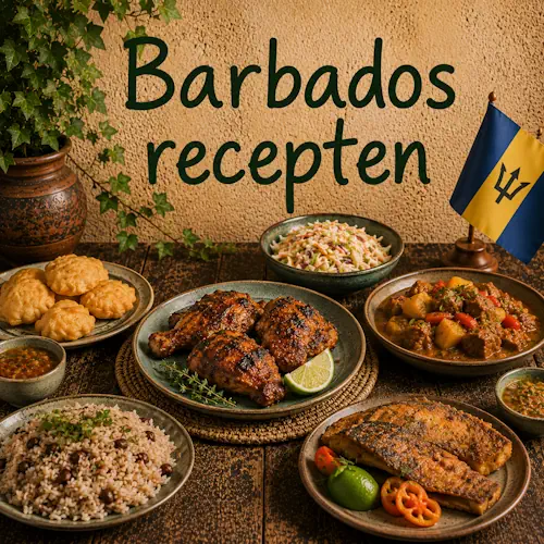 Gerechten uit Barbados met gegrilde vis, gekruide kip, rijst met bonen, stoofgerecht, salade en hartige hapjes op een rustieke houten tafel