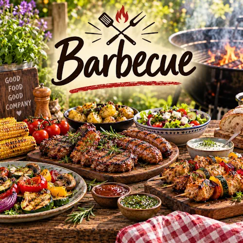 Barbecuegerechten met gegrild vlees, kipspiesen, worstjes, maïs, aardappelen, gegrilde groenten, salade, brood en sauzen op een rustieke houten tafel