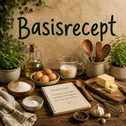 Basisrecepten met eenvoudige ingrediënten en keukengerei zoals bloem, eieren, boter, melk, olie en verse kruiden op een rustieke houten tafel