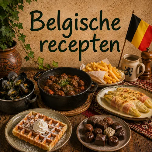 Belgische gerechten met mosselen, friet, stoofvlees, witlof, Belgische wafels en chocolade op een rustieke houten tafel