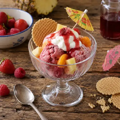 Bevroren fruitdessert met yoghurt, ananas, mandarijn, aardbeien en frambozen