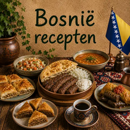 Bosnische gerechten met ćevapi, somun, burek, gevulde kool en wijnbladeren, soep, salade, baklava en Bosnische koffie op een rustieke houten tafel
