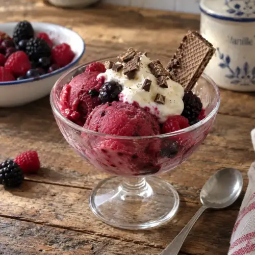 Romige bosvruchtensorbet met vanille-ijs, bosvruchtenyoghurt, verse bosvruchten en slagroom
