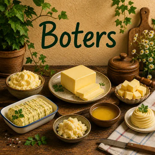 Verschillende soorten boter met roomboter, kruidenboter, opgeklopte boter en gesmolten boter op een rustieke houten tafel