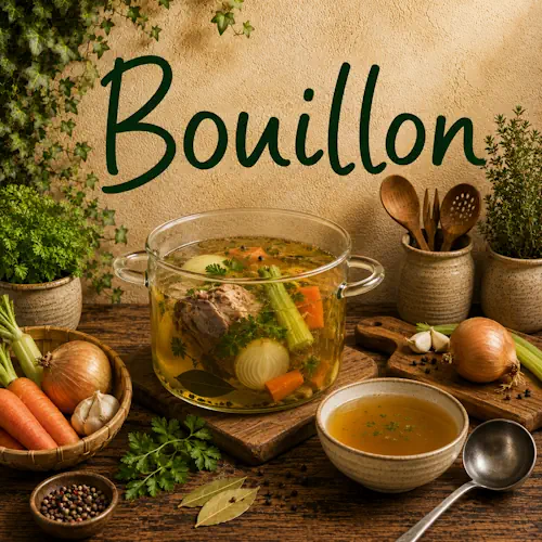 Zelfgemaakte bouillon met vlees, wortel, ui, bleekselderij, kruiden en specerijen op een rustieke houten tafel