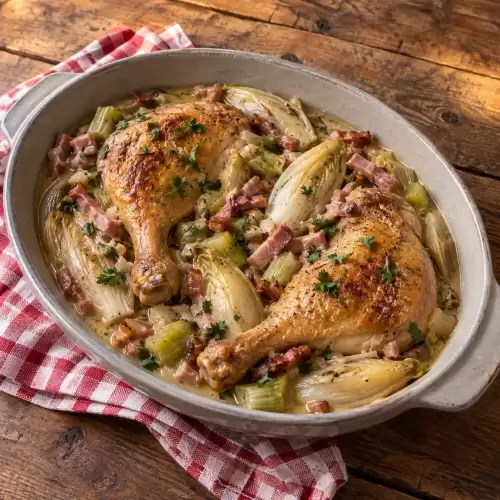 Brabantse kippenbouten met gestoofde witlof, selderij, Ardense ham en gerookt spek