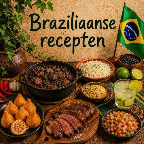 Braziliaanse gerechten met feijoada, rijst, farofa, coxinhas, gegrild rundvlees, vinaigrete en limoen op een rustieke houten tafel