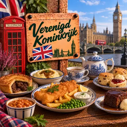 Britse recepten met fish and chips, hartige pie, aardappelpuree, scones, baked beans, thee en traditionele gerechten uit het Verenigd Koninkrijk