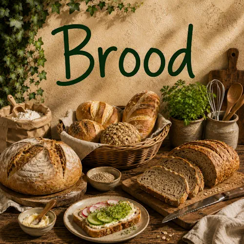 Verschillende soorten brood zoals rustiek brood, volkorenbrood, meergranenbrood en broodjes met bloem en zaden op een rustieke houten tafel