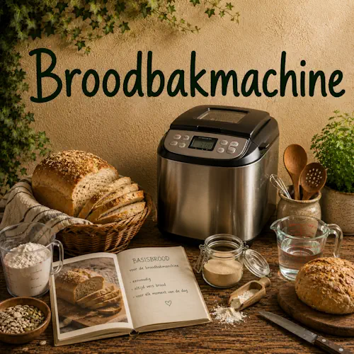 Broodbakmachine met zelfgebakken brood, bloem, gist, zaden en andere ingrediënten op een rustieke houten tafel