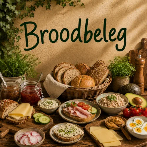 Verschillende soorten broodbeleg zoals kaas, vleeswaren, ei, avocado, groentespreads en zoet beleg met vers brood op een rustieke houten tafel