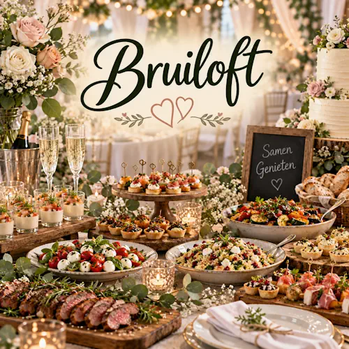 Feestelijke bruiloftstafel met kleine hapjes, salades, vlees, brood, bruidstaart, bloemen en glazen mousserende wijn in een romantische setting