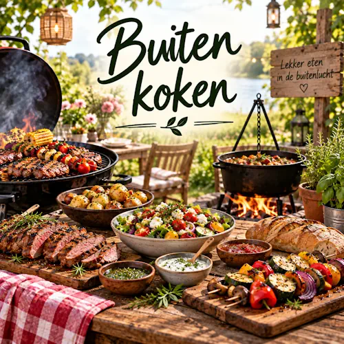 Buiten koken met gegrild vlees, groentespiesen, aardappelen, salade, brood, sauzen en een stoofpot boven open vuur op een rustieke houten tafel