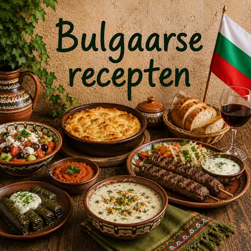 Bulgaarse gerechten met banitsa, shopska salade, kebapche, gevulde wijnbladeren, yoghurtsoep, brood en verse groenten op een rustieke houten tafel