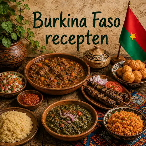 Gerechten uit Burkina Faso met tô, rijst, bladgroenten, stoofgerecht, gegrild vlees, verse salade en pittige saus op een rustieke houten tafel
