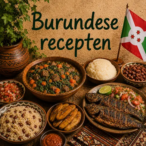 Burundese gerechten met rijst en bonen, gegrilde vis, bakbanaan, groenten, stoofgerecht en verse salade op een rustieke houten tafel