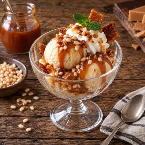 Butterscotch-ijsdessert met vanille-ijs, yoghurt, krakeling en rozijnen