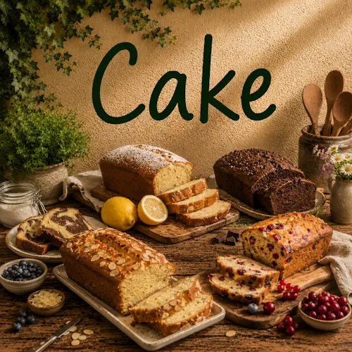 Verschillende soorten cake zoals naturelcake, chocoladecake, citroencake, marmercake en fruitcake op een rustieke houten tafel