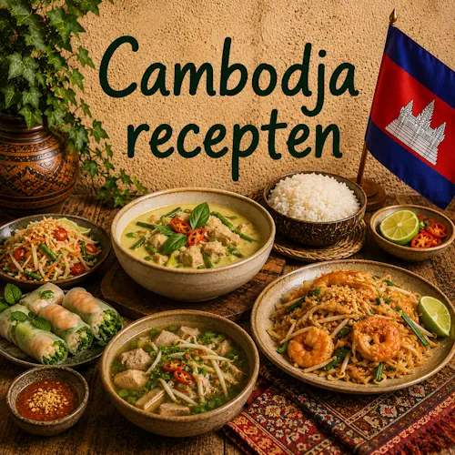 Cambodjaanse gerechten met curry, rijst, noedels, garnalen, soep, verse loempia's, groenten, limoen en verse kruiden op een rustieke houten tafel